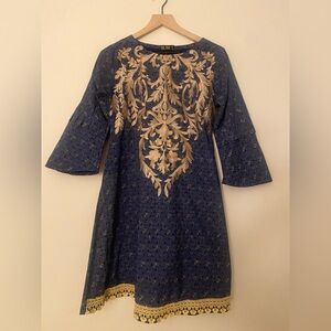 She Edge Blue & Gold Embroidered Kurti Tunic – Size S – Made in Pakistan 🇵🇰